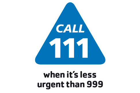 NHS 111 logo. Call 111 when its less urgent than 999.